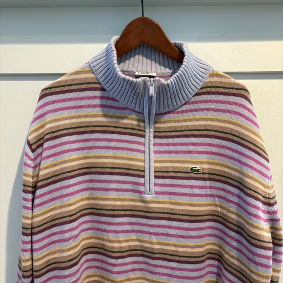 Lacoste 100% Cotton Striped 1/4 Quarter Zip Sweater Men XXL (7) Pastel Y2K Prep - Picture 3 of 12